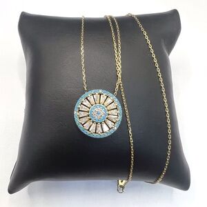 Gold Over 925 Sterling Silver Round Sunburst Halo Turquoise Pendant Necklace 18”